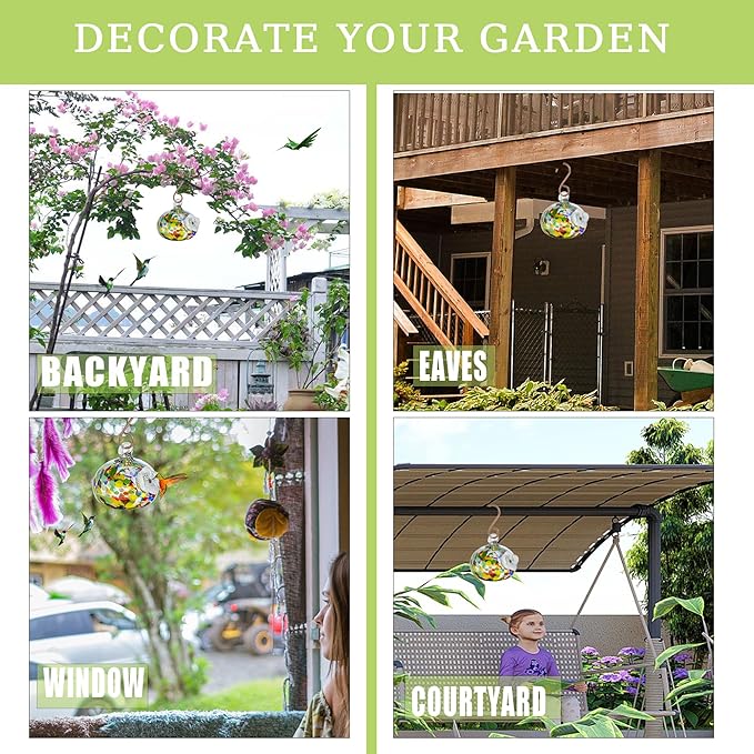 Blown Glass Hummingbird Feeder for Outdoors Hanging Ornaments with Hook Unique Humming Bird Feeder for Home Window Garden Decoration