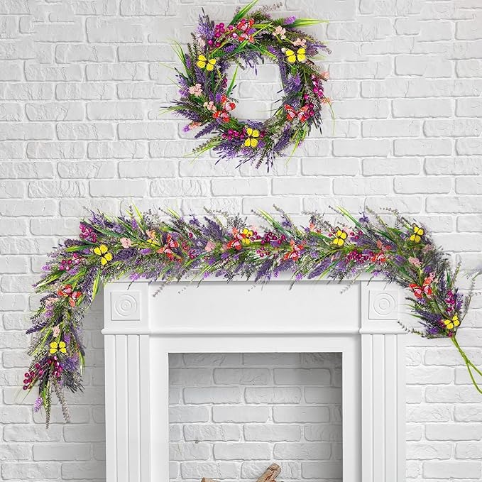 6.5 Ft Artificial Lavender Purple Garland Spring Summer Lavender Wild Flower Butterflies Wreath Swags Vine for Wedding Arch Porch Stair Table Indoor Door Home Mantle Fireplace All Year Decoration