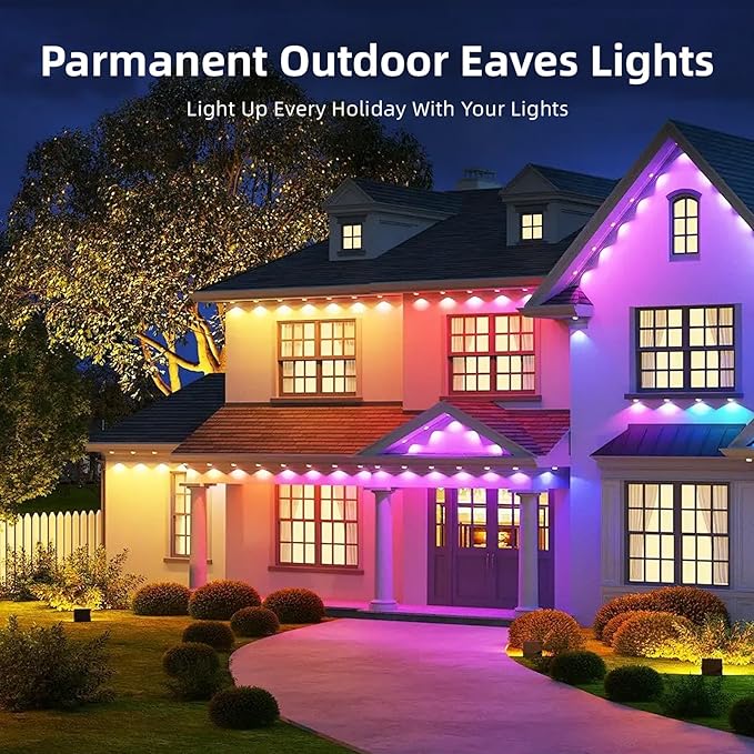 Permanent Outdoor Eaves Lights, IP67 Waterproof Smart LED Light with App Control Remote, RGB String Lights for Christmas Holiday DIY House, Roof, Garden Decor Lighting - 50FT