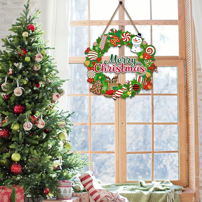 Christmas Candy Wreath Welcome Sign for Front Door Decor, Snowman Reindeer Wooden Hanging Plaque Farmhouse Rustic Outdoor Indoor Wall Decoration for Home Porch Yard Winter Decor