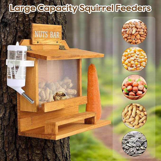 Hanging Squirrel Feeders for Outside, Large Squirrel Picnic Table Feeder with Water Bottle, Funny Nuts Bar Squirrel Feeder, Wooden Chipmunk Feeder Box, No Assembly Required