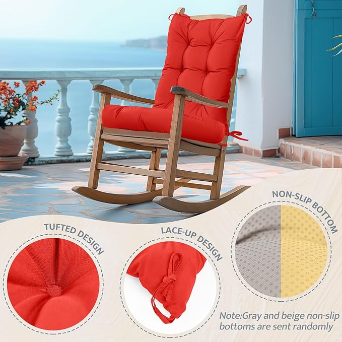 mudilun Rocking Chair Cushion Non-Slip Tufted Indoor/Outdoor Rocking Chair Cushions 80% Water Proof with Straps for Living Room Baby Room Garden High Back Rocking Chair Pads (Red)