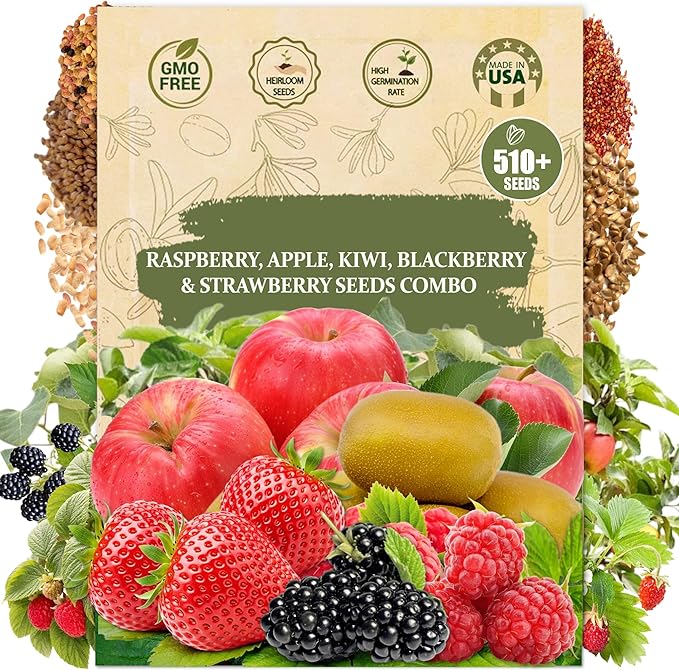 Fruit Seeds Variety Pack for Planting – Strawberry Seeds, Raspberry Seeds, BlackBerry Seeds, Kiwi Seeds for Planting & Apple Tree Seeds – Home Garden Seed Pack