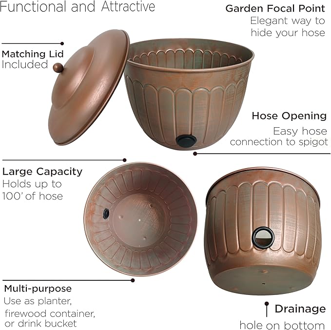 BSTGIFTS Garden Water Hose Holder - Decorative Metal Pot, Metal Hose Storage Pot, Garden Storage Organizer, Patio Portable Bucket - Antique Copper Accents, Holds up to 100ft Hoses (Embossed)