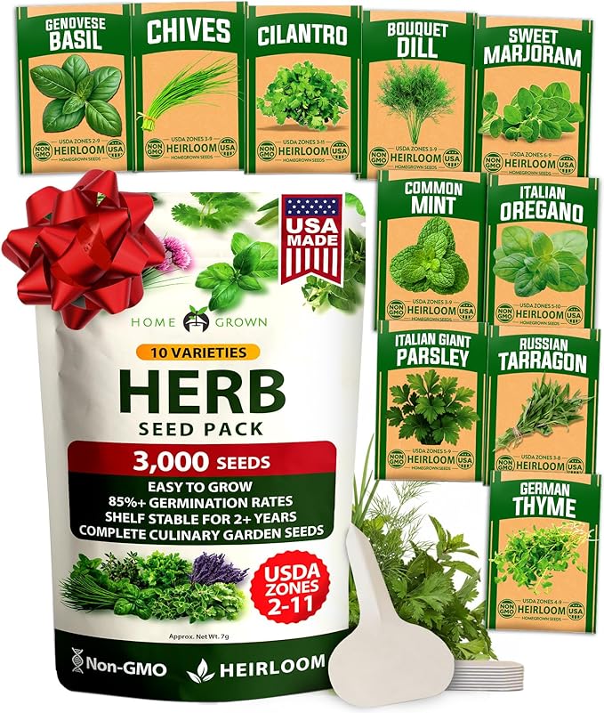 HOME GROWN 10 Herb Seeds for Planting 3,000+ Non-GMO Heirloom Seeds | Extra Large Variety Pack Herb Kit – Indoor Outdoor & Hydroponic | Culinary Seed Set | Grow Your Own Herbs | Gift for Beginners
