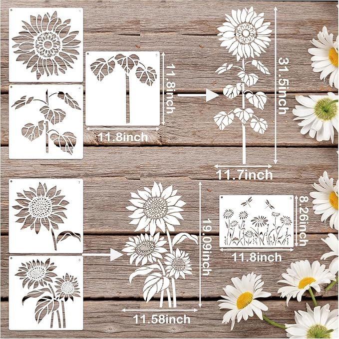 Large Flower Stencils for Wood Fence Outdoors Sunflower Floral Garden Fence Stencil for Painting on Walls Lace Crafts Reusable Home Canvas Furniture Paper (floral9)