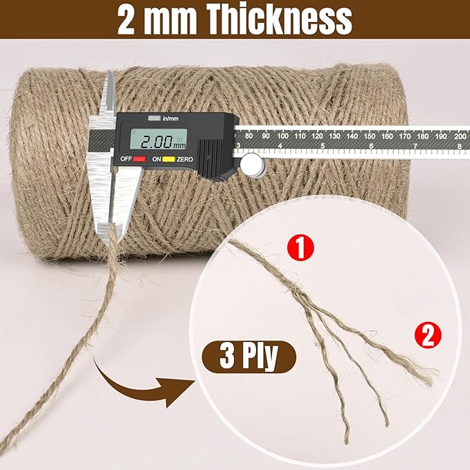 Jute Twine 2mm 1600 Feet Natural Jute Twine String for Crafting, Gardening, Gift Wrapping, Macrame, DIY Decor (2Rolls, 800Feet/Roll)