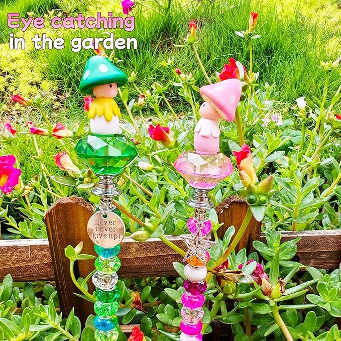 Fairy Garden Accessories Outdoor Kit - DIY Fairy Wand Beaded Garden Stakes Decorative with Miniature Mushrooms Figurine for Different Festivals, Beadable Items (Mushrooms)