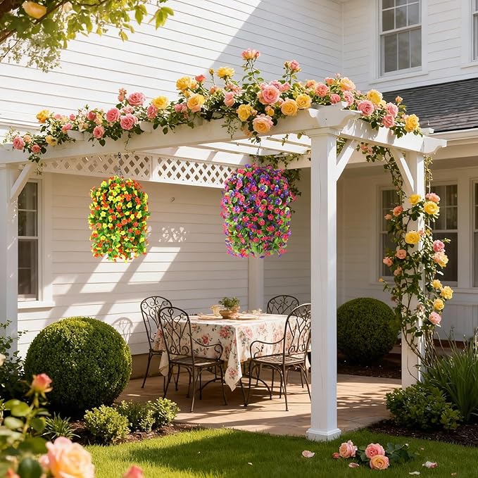 Artificial Fake Hanging Flowers for Outdoors, 2 Pcs Artificial Hanging Plants Outdoors Spring Summer Decor, UV Resistant Faux Violet Silk Flowers for Planters Front Door Yard Garden(Orange Yellow)