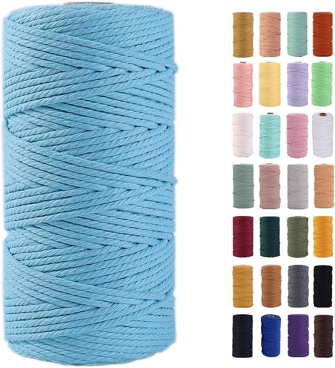 MAOQIAN Sky Blue Macrame Cord 3mm x 109Yards - Cotton Rope for Wall Hanging, Plant Hangers, Crafts, Decorative Projects - Soft Colorful Twine
