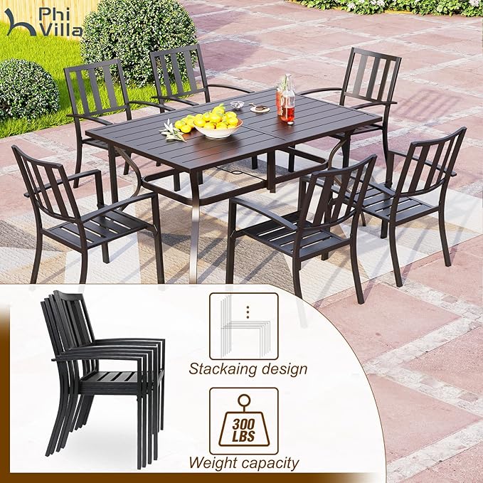 PHI VILLA 7 Piece Patio Dining Set with Umbrella, 60” Rectangular Metal Dining Table & 6 Stackable Metal Chairs & 13ft Large Beige Umbrella for Outdoor, Deck, Yard, Porch