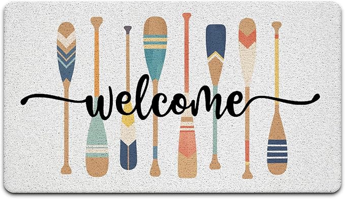 JINYO Lake Door Mat, Lake House Welcome Mats, Hello Boat Paddle Outdoor Indoor Door Mats for Porch Entrance Entryway, Welcome Lake, 17x30 Inch