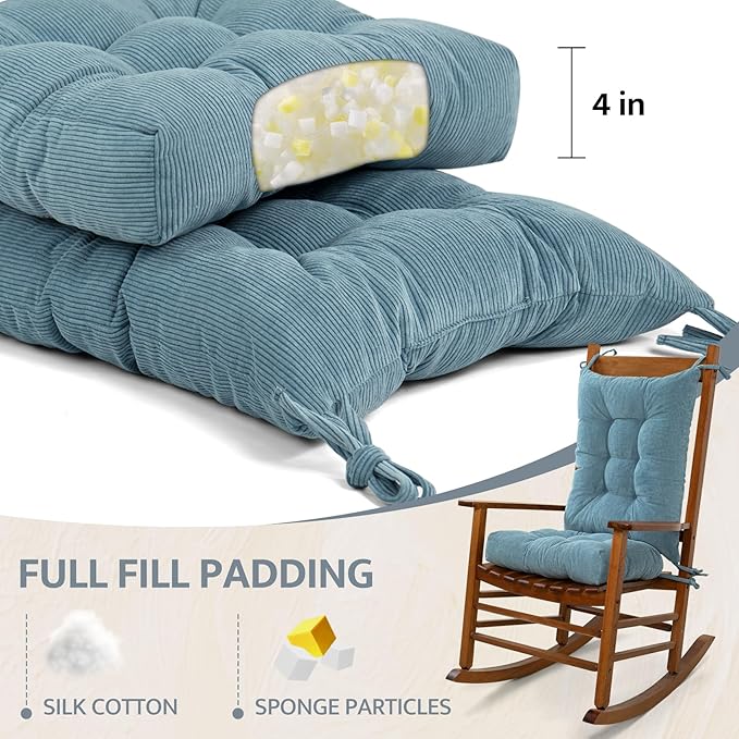 mudilun Rocking Chair Cushion Set - Non-Slip Tufted Rocking Chair Cushions with Ties Soft Indoor/Outdoor Wooden Rocking Chair Seat Pad for Porch Garden Cafe & Nursing
