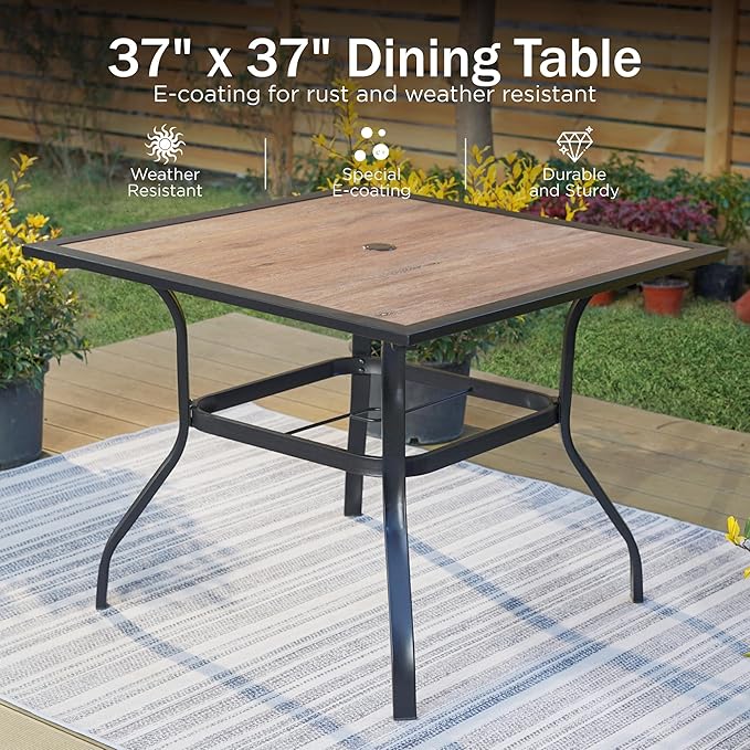 PHI VILLA 5 Pieces Outdoor Dining Set for 4, Stackable Chairs with Cushions & 37" Square Patio Wood-Like Table with Umbrella Hole, Modern Furniture Set for Deck, Patio,Yard,Porch
