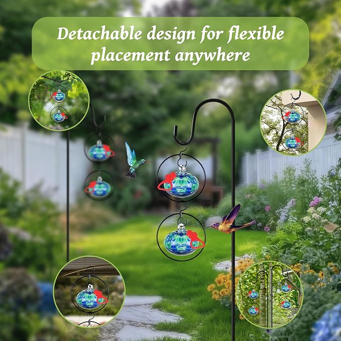 6 Pack Circular Hummingbird feeders for Outdoors Hanging,Hand Blown Glass Hummingbird Feeder with 6 Adjustable Silicone Perch,Never Leak,Gardening Gifts for Woman Man(Blue)