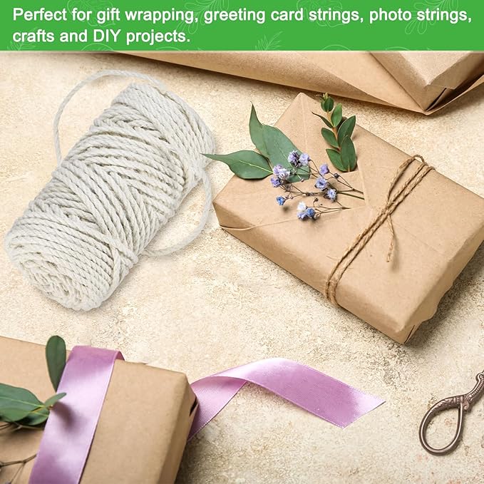 1-Pack Natural Jute Twine String, 4.5mm x 164ft/50m Long Garden Twine String for Crafts/Gift Wrapping/Gardening Plants, Durable Plant Ties Thick Rope [White]