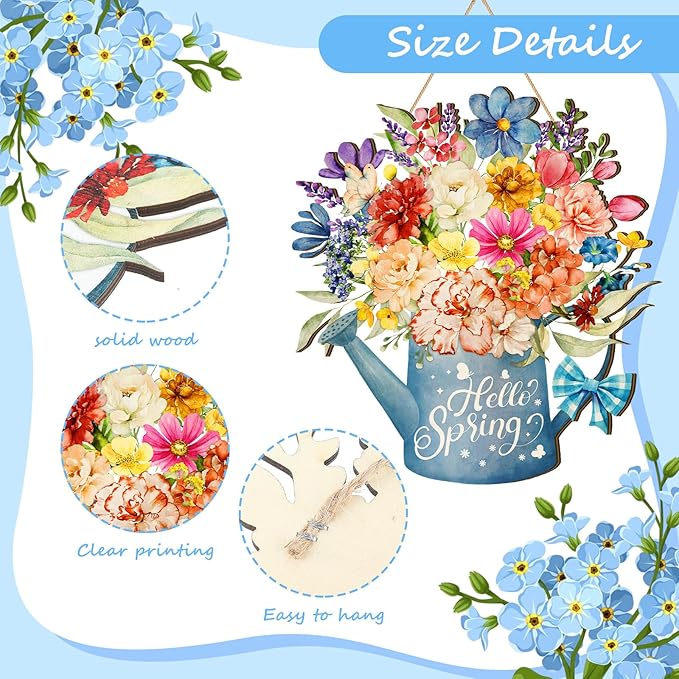 Juexica Hello Spring Door Sign, Flower Door Hanger Wreath, Wooden Hanging Decor, Rustic Welcome Sign for Front Porch, Wall, Pediments Decorations, Floral