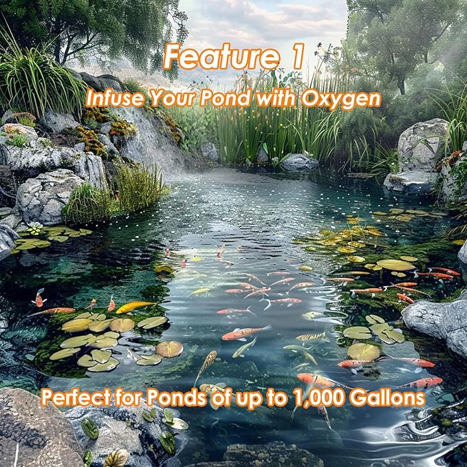 Pond Aerator Pump Pond Aeration Kit with Check Valves Air Stones Airline Tubing, All-in-1 Pond Air Pumps for Outdoor Ponds up to 1000 Gallon