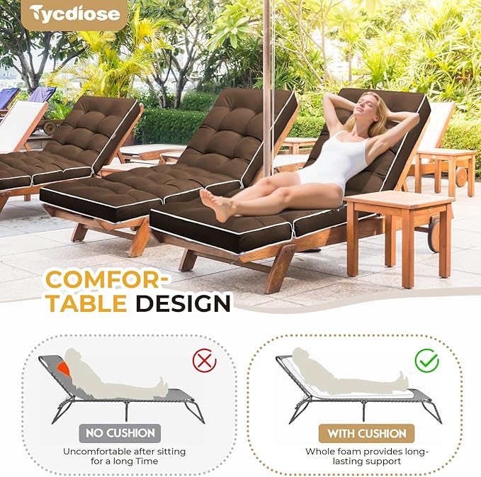 Outdoor Chaise Lounge Chair Cushion, Waterproof Non-Slip Patio Chaise Lounge Cushions for Outdoor Furniture, Thickened Patio Pool Lounger Chair Cushion, 76.4 x 22.8 x 4.7 Inches, Brown