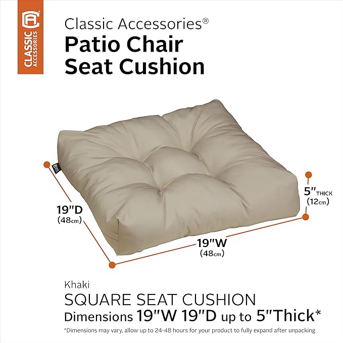 Classic Accessories Water-Resistant Square Patio Seat Cushions, 19 x 19 x 5 Inch, 2 Pack, Khaki, Outdoor Seat Cushions