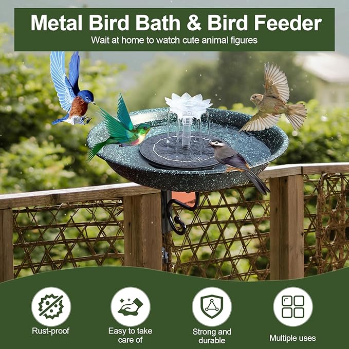 Deck Mounted Bird Bath,Dual Purpose Hummingbird Bath and Bird Feeder for Outside,Solar Bird Bath Fountains Combo Set for Balcony Railing Garden, for Backyard Birding & Wildlife,Copper Green