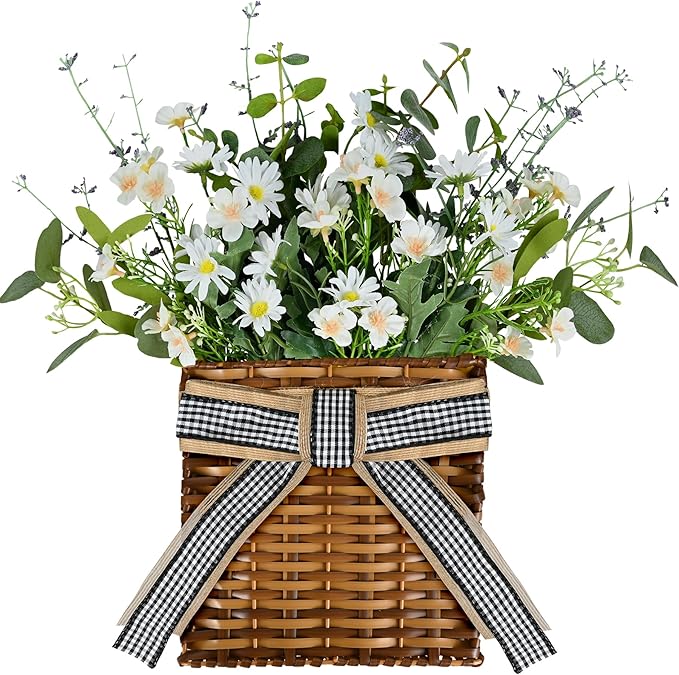 White Daisy Wreath Spring Door Hanger Basket Wreath, Artificial Spring Summer Flowers Wreaths with Green Eucalyptus Leaves and Lavender for Front Door Farmhouse White Wreaths Indoors Outdoor Decor