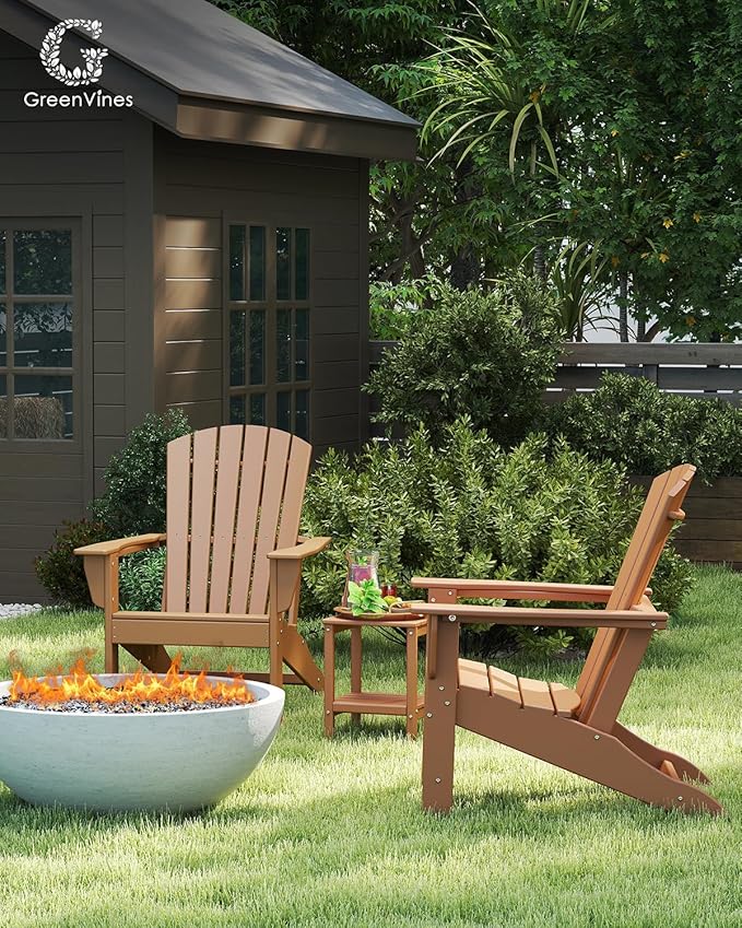 GREENVINES Adirondack Chairs Set of 2 | HDPE Plastic | Oversized Fire Pit Chair | All Weather | Teak | Poly Lumber | for Outdoor Deck Backyard Patio Garden