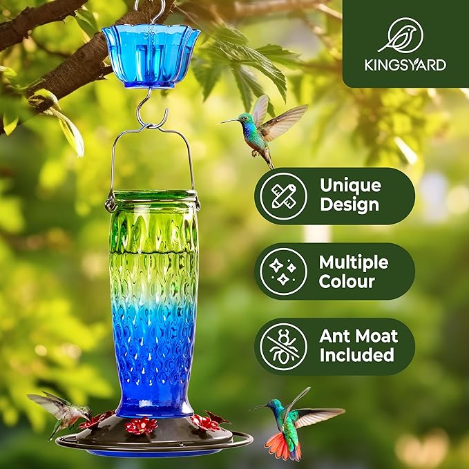 Kingsyard Hummingbird Feeders for Outdoors Hanging, 24 Ounce, Glass Hummingbird Feeder with Ant Moat & 6 Bee Guard Feeding Ports, Leak-Proof, Green & Blue