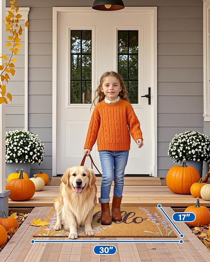 Door Mat Welcome Outdoor Mat: Artificial Coir Doormat for Outdoor Outside Indoor Entrance - Front Door Mat Non-Slip Backing Durable Fall Mat for Home Porch Entryway Floor (Hello Floral, 17"x 30")