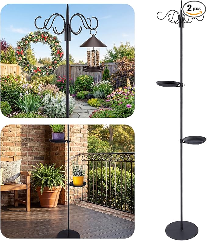 2 Sets 75.9" Shepherd's Hook Stand for Bird Feeder, Hanging Plant, Wind Chime, Waterproof Metal & Adjustable Standing Pole Holder for Indoor Outdoor, with 2 Rack & Weight Bag (4 Hooks)