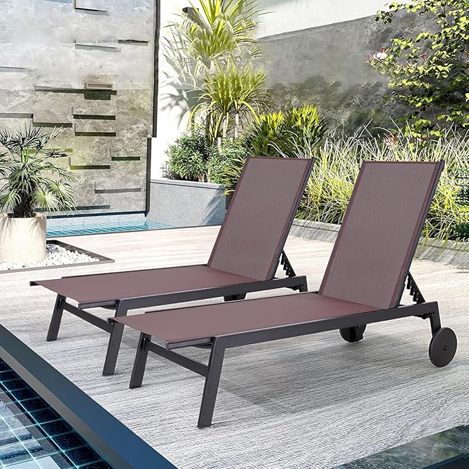 EROMMY Patio Chaise Lounge Chair Set of 2 with Wheels, Outdoor Lounge Chairs with Adjustable Backrest, Waterproof Poolside Lounge Chairs