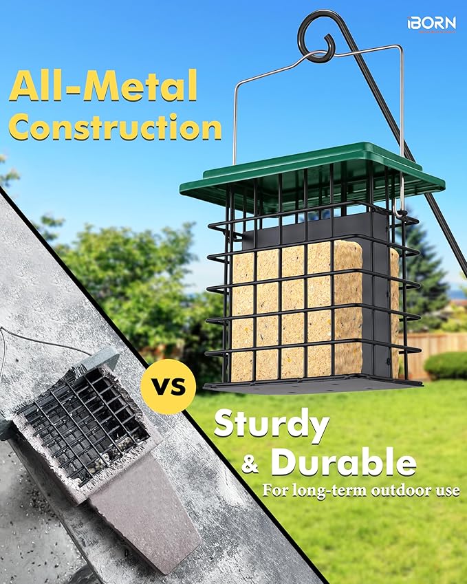 iBorn Double Suet Feeder- Metal Roof Bird Feeder with Taller Grid for Woodpeckers, Suet Cake Cage Bird Feeder for Outdoors Hanging,Easy-Clean & Refill,Green (1 Pack)