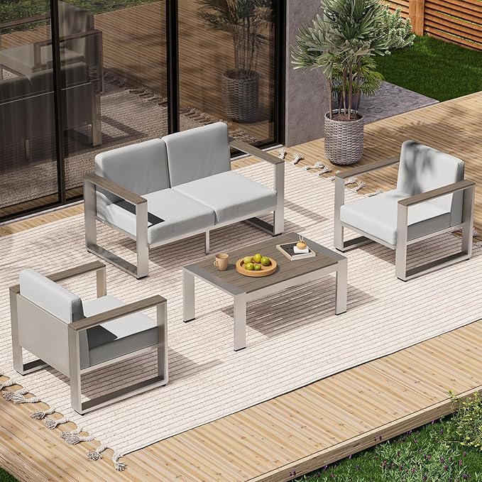 Aluminum Outdoor Furniture Set, 4 Seats Outdoor Patio Conversation Sets with Ergonomic Seat and Wide Washable Thick Cushions, Modern Patio Sectional Furniture for Balcony, Porch (Gray)