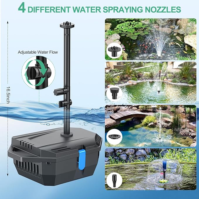 POPOSOAP Pond Filter with 20W Solar Fountain Pump, Solar Pond Filter with 280GPH Pump & Fountain Kit, Outdoor Filter Box with 6.6FT PVC Tubing, Perfect for Ponds Clean, Clear, and Add Water Features