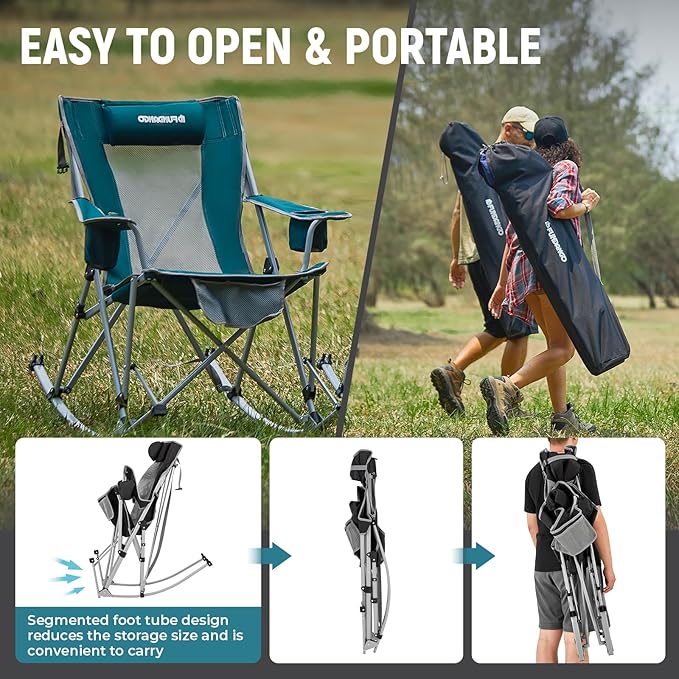 FUNDANGO Rocking Camping Chair, 2 Pack High Mesh Back Portable Folding Camp Chairs with Pillows, Cup Holder and Carry Bag for Lawn Patio Garden Outdoor Supports 300 Lbs (Blue/Grey)