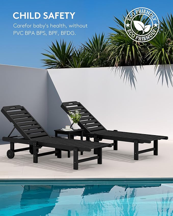SERWALL Outdoor Chaise Lounge Set of 2, All-Weather HDPE Pool Lounge Chairs with 5-Position Adjustable Reclining Backrest, Rolling Wheels & Cup Holder for Poolside, Black