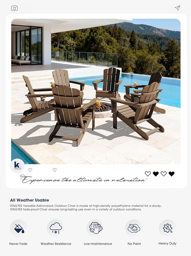 KINGYES Folding Adirondack Chair Set of 2, HDPE All-Weather Patio Chairs with Cup Holder, Wooden Textured Fire Pit Chairs for Poolside, Backyard, Deck, Brown