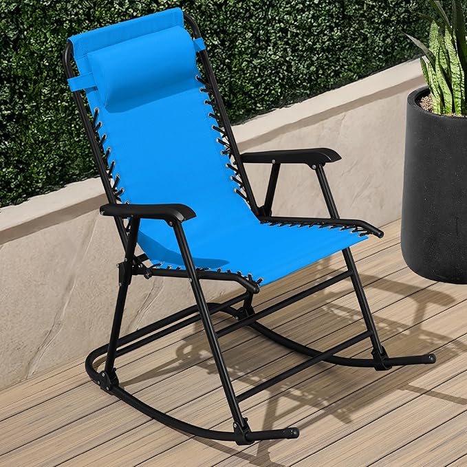 Best Choice Products Outdoor Folding Rocking Chair, Zero Gravity Lounge Chair, Patio Rocker w/Headrest Pillow - Aqua Blue