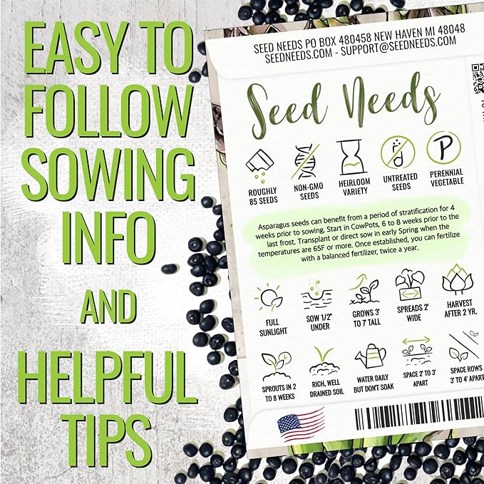 Seed Needs Asparagus Seeds for Planting Mary Washington Asparagus - Non-GMO Heirloom & Untreated Perennial Vegetable Seed to Plant an Outdoor Home Grown Garden (5 Packs)