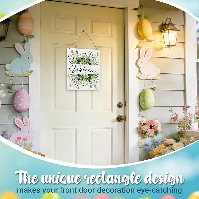 Spring Welcome Sign for Front Door, Welcome Door Sign Decor, Greenery Rectangle Wood Sign Hanger for Outdoor Farmhouse Garden Porch Home - C08