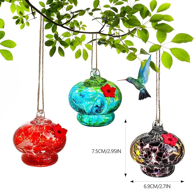 3 Pack Glass Hummingbird Feeders for Outdoors 3in Small Hand Blown Glass Bird Feeder with Flower Feeding Ports for Backyard Garden Decorations