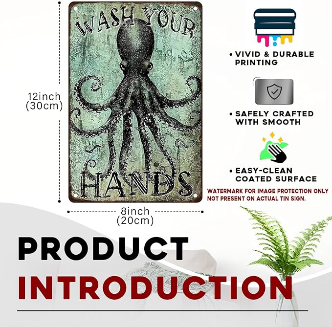 Funny Octopus Metal Tin Sign Wash Your Hands Vintage Tin Signs Bathroom Signs Restroom Decor Guest Wall Decor 8x12inch