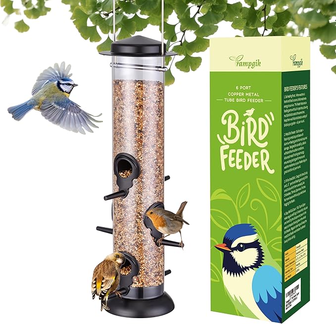 Bird Feeder Premium Hard Plastic for Wild Bird Feeders for Outdoors,Tube Bird Feeders for Outdoors Hanging,14 Inch 6 Port Black,Pack of 1