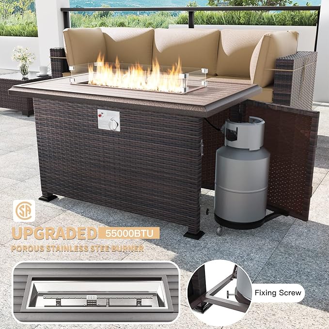 Kullavik 15 Pieces Outdoor Patio Furniture Set with 43" 55000BTU Gas Propane Fire Pit Table PE Wicker Rattan Sectional Sofa Patio Conversation Sets,Khaki