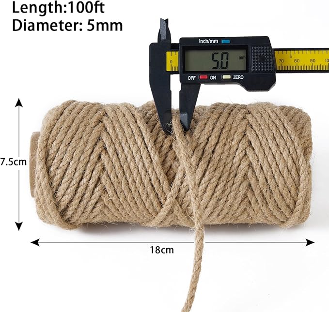 5mm 100 Feet Natural Jute Twine, for Crafts Gift, Craft Projects, Wrapping, Bundling, Packing, Holiday Packaging Twine, Gardening and More, Jute Rope to Use Around The House and Garden