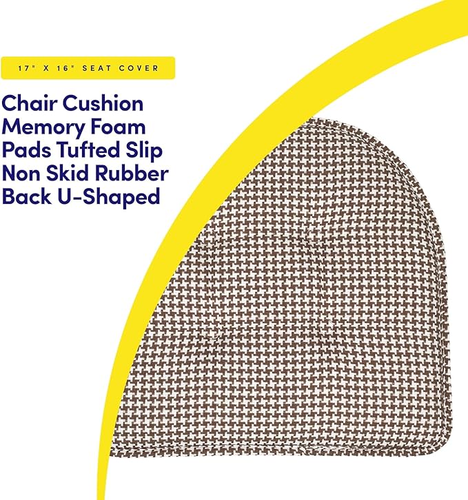 Sweet Home Collection Chair Cushion Memory Foam Pads Tufted Slip Non Skid Rubber Back U-Shaped 17" x 16" Seat Cover, 2 Count (Pack of 1), Houndsooth Brown