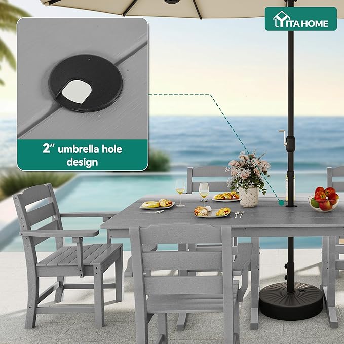 YITAHOME HDPE Patio Dining Table for 6, 71" Outdoor Dining Table w/Max Bearing 165 LBS, All Weather Rectangular Patio Table w/1.57" Umbrella Hole for Backyard Garden Lawn, Gray