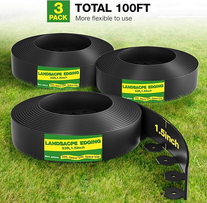 MIXC 66ft, 1.5in Tall Landscape Edging Kit with 100 Spikes, Not Digging Flexible Plastic Edge Border for Landscaping, Lawn, Garden, Flower Beds, Yard, Paver, Playground, Fence, Pathway,2pack,33ft Each