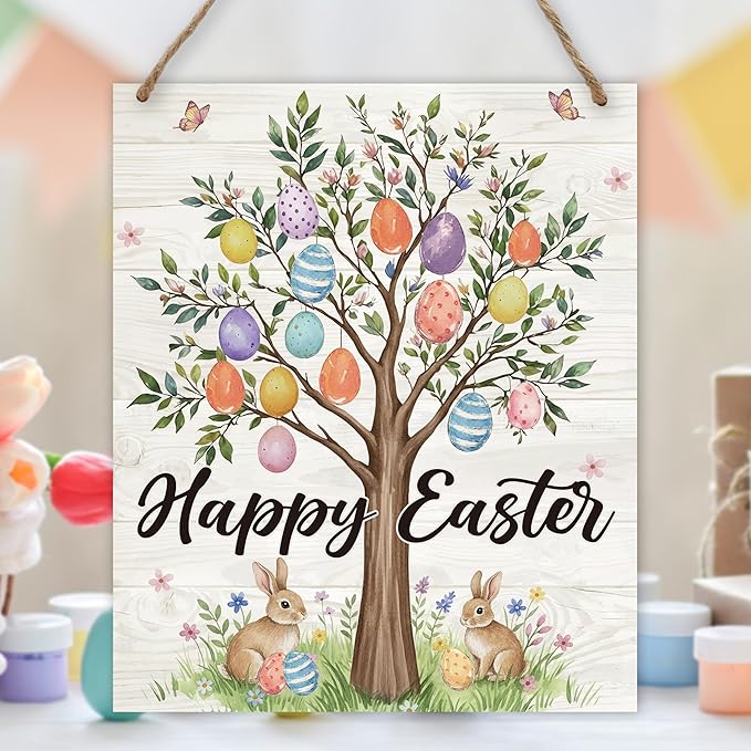 Easter Welcome Sign for Front Door, Happy Easter Door Sign Decor, Bunny Egg Rectangle Wood Sign Hanger for Outdoor Farmhouse Garden Porch Home - C06