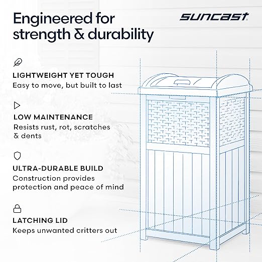 Suncast 33 Gallon Wicker-Style Hideaway Trash Can with Secure Latching Lid and Weather-Resistant Construction for Patio, Cyberspace Grey, Made in the USA